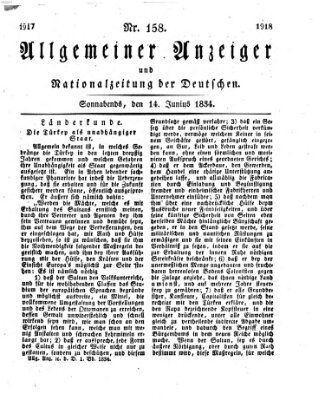 Allgemeiner Anzeiger und Nationalzeitung der Deutschen (Allgemeiner Anzeiger der Deutschen) Samstag 14. Juni 1834