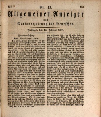 Allgemeiner Anzeiger und Nationalzeitung der Deutschen (Allgemeiner Anzeiger der Deutschen) Freitag 13. Februar 1835