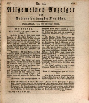 Allgemeiner Anzeiger und Nationalzeitung der Deutschen (Allgemeiner Anzeiger der Deutschen) Donnerstag 19. Februar 1835