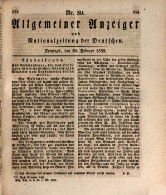 Allgemeiner Anzeiger und Nationalzeitung der Deutschen (Allgemeiner Anzeiger der Deutschen) Freitag 20. Februar 1835