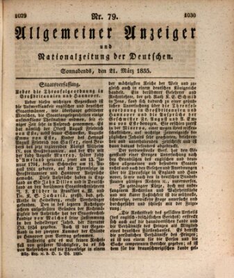 Allgemeiner Anzeiger und Nationalzeitung der Deutschen (Allgemeiner Anzeiger der Deutschen) Samstag 21. März 1835