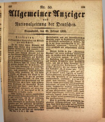Allgemeiner Anzeiger und Nationalzeitung der Deutschen (Allgemeiner Anzeiger der Deutschen) Samstag 20. Februar 1836