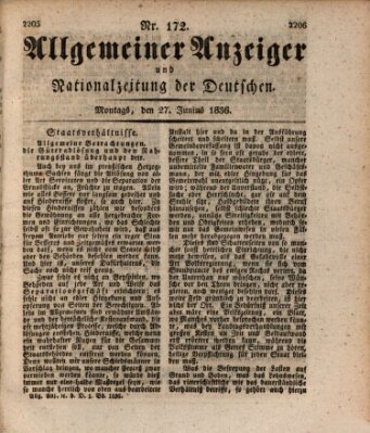 Allgemeiner Anzeiger und Nationalzeitung der Deutschen (Allgemeiner Anzeiger der Deutschen) Montag 27. Juni 1836