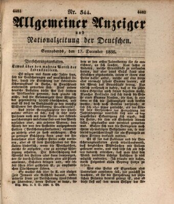 Allgemeiner Anzeiger und Nationalzeitung der Deutschen (Allgemeiner Anzeiger der Deutschen) Samstag 17. Dezember 1836