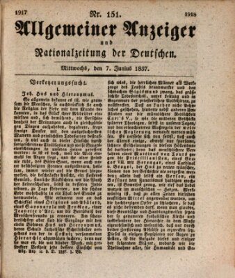 Allgemeiner Anzeiger und Nationalzeitung der Deutschen (Allgemeiner Anzeiger der Deutschen) Mittwoch 7. Juni 1837