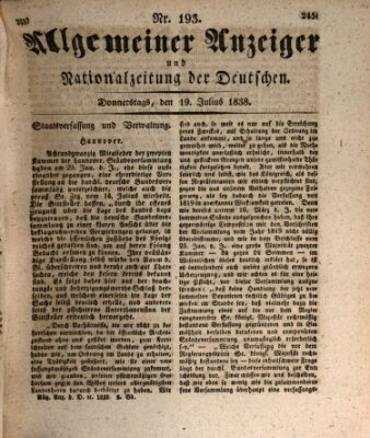 Allgemeiner Anzeiger und Nationalzeitung der Deutschen (Allgemeiner Anzeiger der Deutschen) Donnerstag 19. Juli 1838