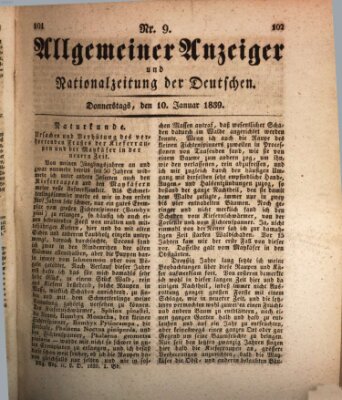 Allgemeiner Anzeiger und Nationalzeitung der Deutschen (Allgemeiner Anzeiger der Deutschen) Donnerstag 10. Januar 1839