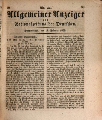 Allgemeiner Anzeiger und Nationalzeitung der Deutschen (Allgemeiner Anzeiger der Deutschen) Donnerstag 14. Februar 1839