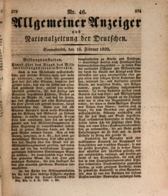 Allgemeiner Anzeiger und Nationalzeitung der Deutschen (Allgemeiner Anzeiger der Deutschen) Samstag 16. Februar 1839