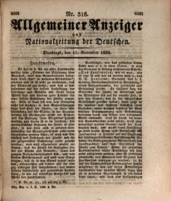 Allgemeiner Anzeiger und Nationalzeitung der Deutschen (Allgemeiner Anzeiger der Deutschen) Dienstag 19. November 1839