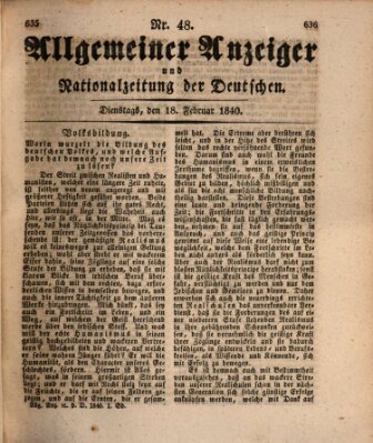 Allgemeiner Anzeiger und Nationalzeitung der Deutschen (Allgemeiner Anzeiger der Deutschen) Dienstag 18. Februar 1840