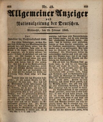 Allgemeiner Anzeiger und Nationalzeitung der Deutschen (Allgemeiner Anzeiger der Deutschen) Mittwoch 19. Februar 1840