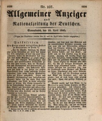 Allgemeiner Anzeiger und Nationalzeitung der Deutschen (Allgemeiner Anzeiger der Deutschen) Samstag 18. April 1840