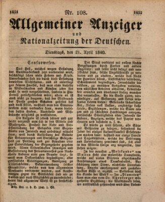 Allgemeiner Anzeiger und Nationalzeitung der Deutschen (Allgemeiner Anzeiger der Deutschen) Dienstag 21. April 1840