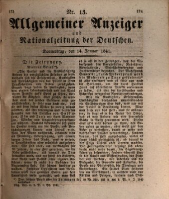 Allgemeiner Anzeiger und Nationalzeitung der Deutschen (Allgemeiner Anzeiger der Deutschen) Donnerstag 14. Januar 1841