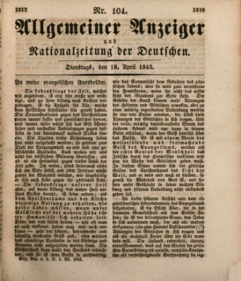 Allgemeiner Anzeiger und Nationalzeitung der Deutschen (Allgemeiner Anzeiger der Deutschen) Dienstag 18. April 1843