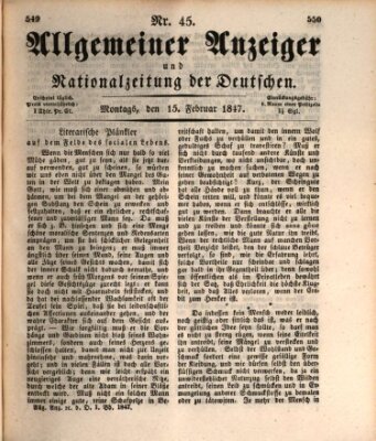 Allgemeiner Anzeiger und Nationalzeitung der Deutschen (Allgemeiner Anzeiger der Deutschen) Montag 15. Februar 1847