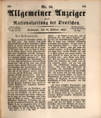 Allgemeiner Anzeiger und Nationalzeitung der Deutschen (Allgemeiner Anzeiger der Deutschen) Sonntag 28. Februar 1847