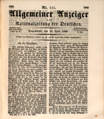 Allgemeiner Anzeiger und Nationalzeitung der Deutschen (Allgemeiner Anzeiger der Deutschen) Samstag 22. April 1848