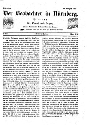 Der Beobachter in Nürnberg (Nürnberger Beobachter) Dienstag 19. August 1851