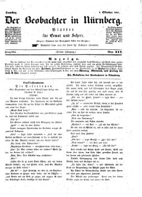 Der Beobachter in Nürnberg (Nürnberger Beobachter) Samstag 4. Oktober 1851