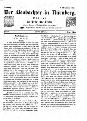 Der Beobachter in Nürnberg (Nürnberger Beobachter) Dienstag 9. Dezember 1851