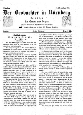 Der Beobachter in Nürnberg (Nürnberger Beobachter) Dienstag 16. Dezember 1851