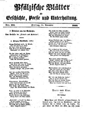 Pfälzische Blätter für Geschichte, Poesie und Unterhaltung (Zweibrücker Wochenblatt) Freitag 25. November 1853