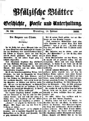 Pfälzische Blätter für Geschichte, Poesie und Unterhaltung (Zweibrücker Wochenblatt) Dienstag 20. Februar 1855