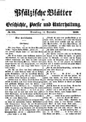 Pfälzische Blätter für Geschichte, Poesie und Unterhaltung (Zweibrücker Wochenblatt) Dienstag 14. September 1858