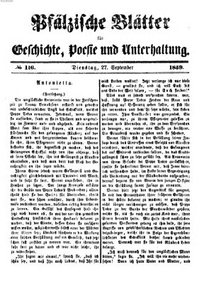 Pfälzische Blätter für Geschichte, Poesie und Unterhaltung (Zweibrücker Wochenblatt) Dienstag 27. September 1859