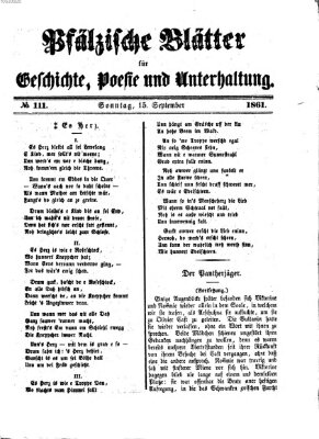 Pfälzische Blätter für Geschichte, Poesie und Unterhaltung (Zweibrücker Wochenblatt) Sonntag 15. September 1861