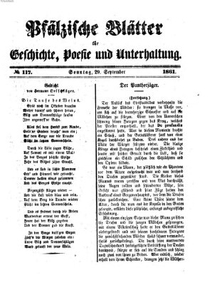 Pfälzische Blätter für Geschichte, Poesie und Unterhaltung (Zweibrücker Wochenblatt) Sonntag 29. September 1861