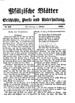 Pfälzische Blätter für Geschichte, Poesie und Unterhaltung (Zweibrücker Wochenblatt) Sonntag 1. Oktober 1865