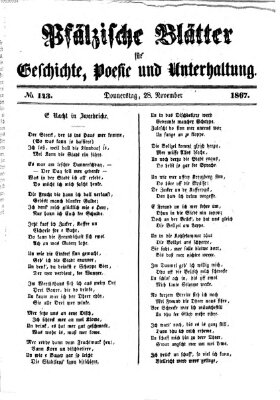 Pfälzische Blätter für Geschichte, Poesie und Unterhaltung (Zweibrücker Wochenblatt) Donnerstag 28. November 1867