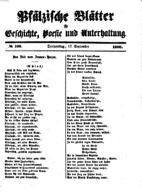 Pfälzische Blätter für Geschichte, Poesie und Unterhaltung (Zweibrücker Wochenblatt) Donnerstag 17. September 1868