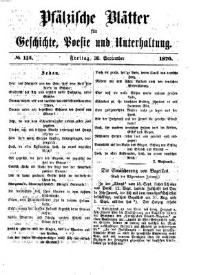 Pfälzische Blätter für Geschichte, Poesie und Unterhaltung (Zweibrücker Wochenblatt) Freitag 30. September 1870