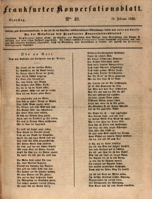 Frankfurter Konversationsblatt (Frankfurter Ober-Post-Amts-Zeitung) Dienstag 18. Februar 1840