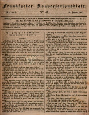 Frankfurter Konversationsblatt (Frankfurter Ober-Post-Amts-Zeitung) Mittwoch 16. Februar 1842