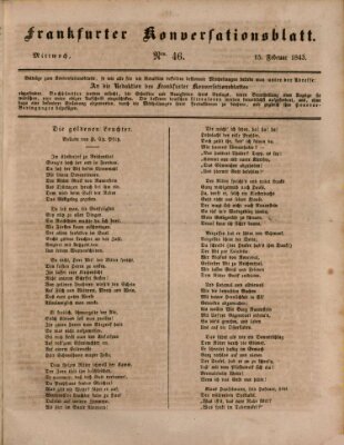 Frankfurter Konversationsblatt (Frankfurter Ober-Post-Amts-Zeitung) Mittwoch 15. Februar 1843