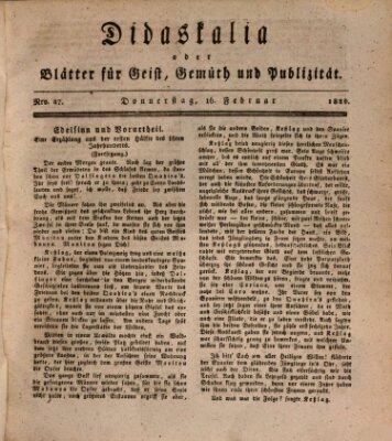 Didaskalia oder Blätter für Geist, Gemüth und Publizität (Didaskalia) Donnerstag 16. Februar 1826