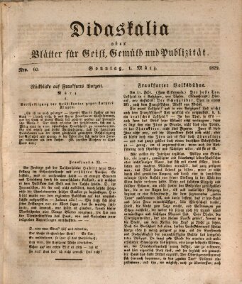 Didaskalia oder Blätter für Geist, Gemüth und Publizität (Didaskalia) Sonntag 1. März 1829