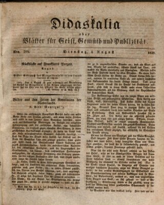 Didaskalia oder Blätter für Geist, Gemüth und Publizität (Didaskalia) Dienstag 4. August 1829