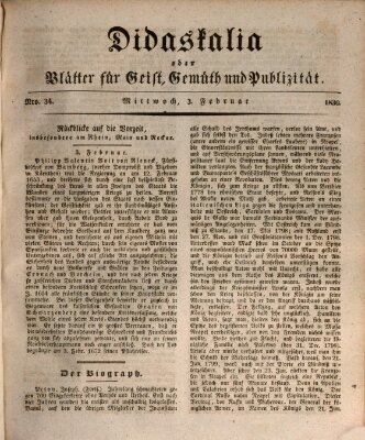 Didaskalia oder Blätter für Geist, Gemüth und Publizität (Didaskalia) Mittwoch 3. Februar 1830