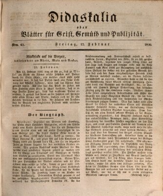 Didaskalia oder Blätter für Geist, Gemüth und Publizität (Didaskalia) Freitag 12. Februar 1830