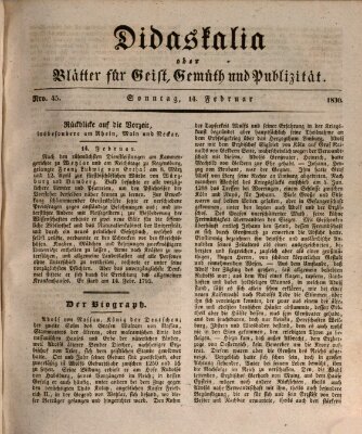 Didaskalia oder Blätter für Geist, Gemüth und Publizität (Didaskalia) Sonntag 14. Februar 1830