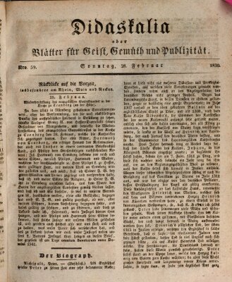 Didaskalia oder Blätter für Geist, Gemüth und Publizität (Didaskalia) Sonntag 28. Februar 1830