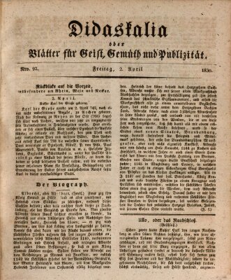 Didaskalia oder Blätter für Geist, Gemüth und Publizität (Didaskalia) Freitag 2. April 1830