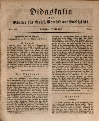 Didaskalia oder Blätter für Geist, Gemüth und Publizität (Didaskalia) Freitag 27. August 1830