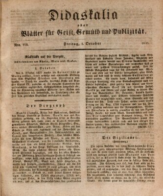 Didaskalia oder Blätter für Geist, Gemüth und Publizität (Didaskalia) Freitag 1. Oktober 1830